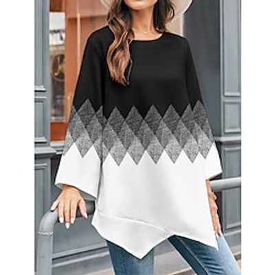 Women's Shirt Blouse Geometric White Pink Blue Print Asymmetric Hem Long Sleeve Casual Fashion Round Neck Regular Fit Spring Lightinthebox