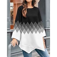 Women's Shirt Blouse Geometric White Pink Blue Print Asymmetric Hem Long Sleeve Casual Fashion Round Neck Regular Fit Spring Lightinthebox - thumbnail