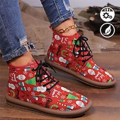 Women's Boots Print Shoes Xmas Shoes Comfort Shoes Outdoor Christmas Xmas Booties Ankle Boots Flat Heel Round Toe Elegant Vintage Cute PU Lace-up Cartoon Black Red Navy Blue Lightinthebox