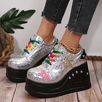 Women's Sneakers Platform Loafers Daily Flat Heel Round Toe Casual Faux Leather Lace-up Silver Lightinthebox