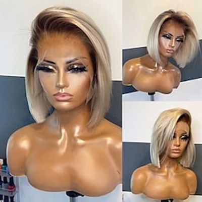 150 134 Lace 4T613 Honey Blonde Ombre 613 Color Closure Wig Short Pixie Bob Cut Straight Human Hair Wigs Lightinthebox
