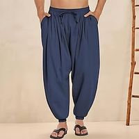 Men's Linen Pants Trousers Summer Pants Beach Pants Drawstring Elastic Waist Elastic Cuff Plain Comfort Breathable Daily Holiday Vacation Hawaiian Boho ArmyGreen Black Lightinthebox