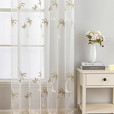 Emboidery Tropical Tree Sheer Curtain Rod Pocket Window Curtains Farmhouse For Living Room Bedroom Voile Curtain Outdoor Vintage French Curtain 1 Panel Lightinthebox