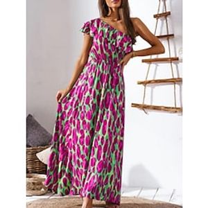 Women's Long Dress Maxi Dress Casual Dress Swing Dress Print Dress Leaf Fashion Casual Daily Holiday Vacation Ruched Ruffle Sleeveless One Shoulder Dress Regular Fit Dark Pink Royal Blue Blue Summer Lightinthebox