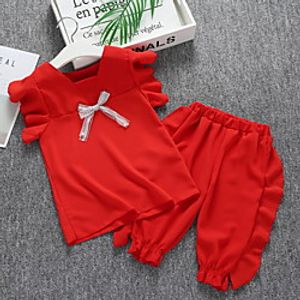 Kids Girls' Clothing Set Daily Wear Solid Colored Bow Short Sleeve Basic Regular Regular White Red Blushing Pink 2-9 Years miniinthebox