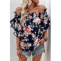 Women's Shirt Blouse Floral Vacation Going out Ruffle Print Navy Blue Short Sleeve Casual Off Shoulder Summer Lightinthebox