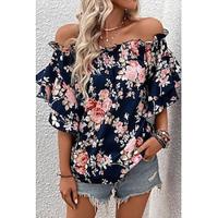 Women's Shirt Blouse Floral Vacation Going out Ruffle Print Navy Blue Short Sleeve Casual Off Shoulder Summer Lightinthebox