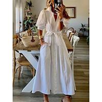 Women's Shirt Dress White Casual Dress Maxi long Dress Date Vacation Polyester Basic Modern Shirt Collar Button Pocket Half Sleeve Summer Spring Regular Fit Black White Lightinthebox