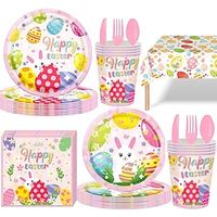 Happy Easter Party Supplies Tableware Set, Serves 16 Guests Including Egg Bunny Plates Cups Napkins Forks Knives Spoons Tablecloth for colorful Party Decoration Lightinthebox
