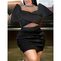 Women's Plus Size Party Dress Bodycon Sheath Dress Solid Color Mini Dress Long Sleeve Mesh Patchwork Stand Collar Fashion Party Black Green Summer Spring L XL XXL 3XL 4XL Lightinthebox - thumbnail