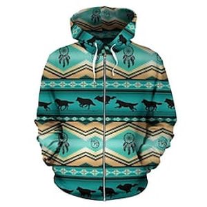 Men's Unisex Hoodie Full Zip Hoodie Jacket Blue Hooded Bohemian Style Graphic Prints Zipper Print Daily Sports 3D Print Streetwear Casual Big and Tall Spring   Fall Clothing Apparel Hoodies miniinthebox