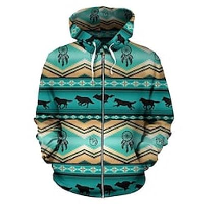 Men's Unisex Hoodie Full Zip Hoodie Jacket Blue Hooded Bohemian Style Graphic Prints Zipper Print Daily Sports 3D Print Streetwear Casual Big and Tall Spring   Fall Clothing Apparel Hoodies miniinthebox