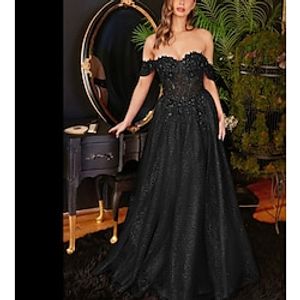 A-Line Evening Gown Glittering Dress Party Wear Floor Length Short Sleeve Strapless Tulle Backless with Glitter Appliques 2023 Lightinthebox