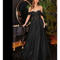 A-Line Evening Gown Glittering Dress Party Wear Floor Length Short Sleeve Strapless Tulle Backless with Glitter Appliques 2023 Lightinthebox - thumbnail
