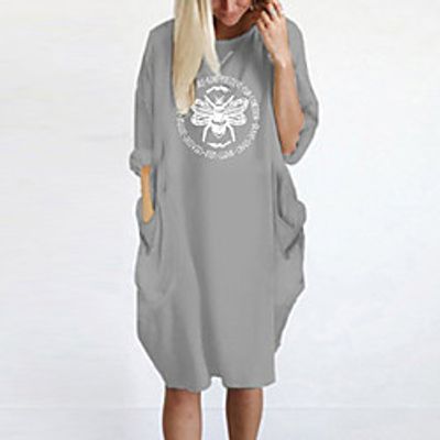 Women's T Shirt Dress Tee Dress Knee Length Dress Blue Yellow Fuchsia Gray Green White Black Long Sleeve Print Spring Summer Round Neck Casual Oversized 2021 S M L XL XXL 3XL 4XL 5XL miniinthebox