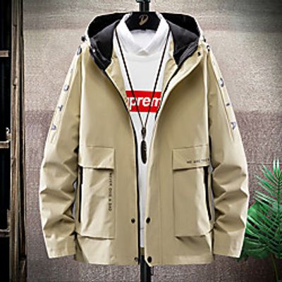 Men's Jacket Daily Fall Spring Regular Coat Stand Collar Regular Fit Breathable Casual Jacket Long Sleeve Letter Print Khaki Light Grey Black miniinthebox