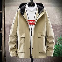 Men's Jacket Daily Fall Spring Regular Coat Stand Collar Regular Fit Breathable Casual Jacket Long Sleeve Letter Print Khaki Light Grey Black miniinthebox - thumbnail