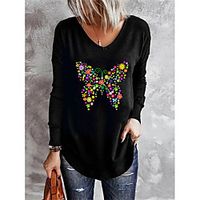 Women's Butterfly T shirt Butterfly V Neck Basic Tops Green Blue Black / 3D Print miniinthebox - thumbnail