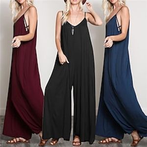 Women's Jumpsuit Backless Pocket Solid Color V Neck Basic Daily Holiday Wide Leg Regular Fit Sleeveless Black Wine Navy Blue S M L Fall Lightinthebox