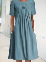 Round Neck Casual Loose Solid Color Short Sleeve Midi Dress