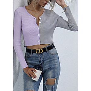 Women's Knitted Color Block Vest Long Sleeve Sweater Cardigans V Neck Fall Winter Light Blue miniinthebox