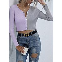 Women's Knitted Color Block Vest Long Sleeve Sweater Cardigans V Neck Fall Winter Light Blue miniinthebox - thumbnail