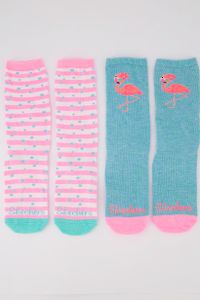 Womens 2 Pack Crew Socks Flamingo Print Socks  Blue/Pink