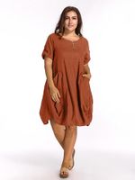 O-Newe Loose Women Solid Half Sleeve Pockets Lantern Dress