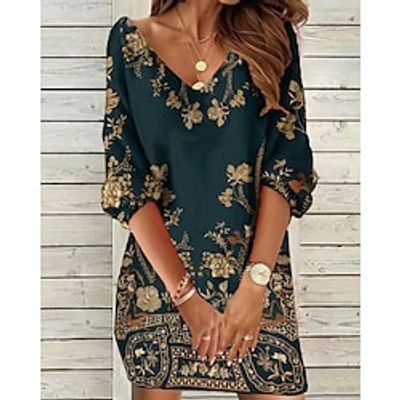 Women's Sweatshirt Dress Shift Dress Mini Dress Black Light Green Dark Green 3/4 Length Sleeve Graphic Print Winter Fall Spring V Neck Fashion Vacation Weekend 2022 S M L XL 2XL 3XL miniinthebox