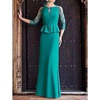 Sheath  Column Mother of the Bride Dress Formal Party Elegant Scoop Neck Floor Length Stretch Chiffon 34 Length Sleeve with Lace Ruffles 2023 Lightinthebox - thumbnail