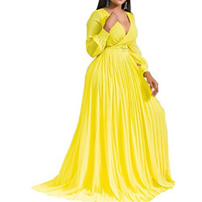 Women's Swing Dress Maxi long Dress Purple Yellow Gray Green Black Red Long Sleeve Solid Color Ruched Spring Summer V Neck Casual Holiday 2021 S M L XL XXL 3XL 4XL 5XL / Chiffon miniinthebox