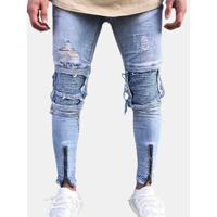 Holes Fold Zipper Ripped Jeans - thumbnail