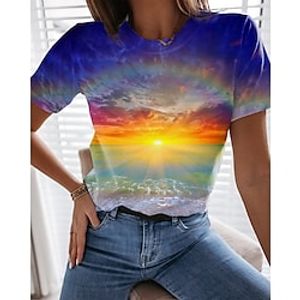 Women's T shirt Tee Yellow Ocean Print Short Sleeve Casual Holiday Basic Hawaiian Holiday Round Neck Regular Floral Painting S miniinthebox