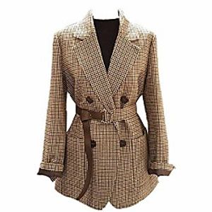 Retro Double-Breasted Office Ladies Plaid Blazer with Belt Long Sleeve Houndstooth Blazer Jacket Ladies Blazer Women Light Brown Lightinthebox