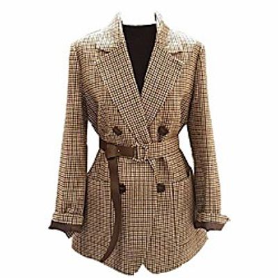 Retro Double-Breasted Office Ladies Plaid Blazer with Belt Long Sleeve Houndstooth Blazer Jacket Ladies Blazer Women Light Brown Lightinthebox