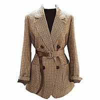 Retro Double-Breasted Office Ladies Plaid Blazer with Belt Long Sleeve Houndstooth Blazer Jacket Ladies Blazer Women Light Brown Lightinthebox - thumbnail
