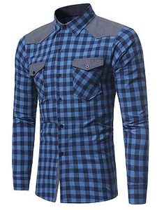 Flap Pocket Color Block Plaid Men Shirts