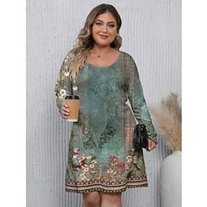 Women's Plus Size Curve Casual Dress A Line Dress Floral Dress Floral Mini Dress Long Sleeve Print Crew Neck Fashion Outdoor Green Fall Winter S M L XL XXL Lightinthebox