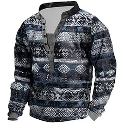 Men's Unisex Sweatshirt Pullover Button Up Hoodie Blue Standing Collar Tribal Graphic Prints Print Casual Daily Sports 3D Print Streetwear Designer Casual Spring   Fall Clothing Apparel Hoodies miniinthebox