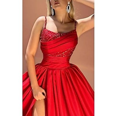 A-Line Evening Gown Glittering Dress Formal Christmas Court Train Sleeveless Spaghetti Strap Satin with Ruched Sequin Slit 2023 Lightinthebox