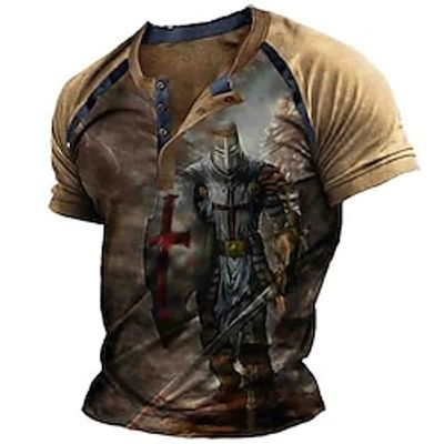 Graphic Knights Templar Fashion Designer Basic Men's 3D Print Henley Shirt Short Sleeve Shirt T shirt Tee Tee Top Street Casual Vacation T shirt Blue Brown Short Sleeve Henley Shirt Spring Summer Lightinthebox