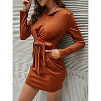 Women's Sheath Dress Knee Length Dress Khaki Long Sleeve Solid Color Lace up Fall V Neck Elegant 2021 S M L XL miniinthebox - thumbnail