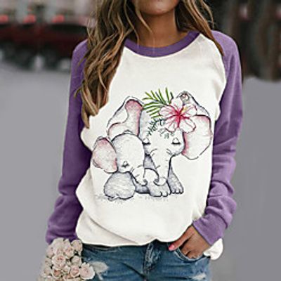 Women's Sweatshirt Pullover Cat Color Block Elephant Patchwork Print Crew Neck Daily Sports Active Streetwear Hoodies Sweatshirts  Blue Purple Blushing Pink miniinthebox