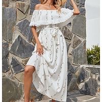 Women's A Line Dress Maxi long Dress White Half Sleeve Floral Tassel Fringe Ruched Print Summer Off Shoulder Stylish Casual 2022 S M L miniinthebox - thumbnail