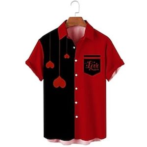 Heart Stripes Casual Men's Shirt Button Up Shirt Casual Shirt Daily Wear Date Vacation Spring  Summer Lapel Short Sleeves Black, Red S, M, L Polyester Shirt Valentine's Day Lightinthebox
