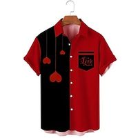 Heart Stripes Casual Men's Shirt Button Up Shirt Casual Shirt Daily Wear Date Vacation Spring  Summer Lapel Short Sleeves Black, Red S, M, L Polyester Shirt Valentine's Day Lightinthebox - thumbnail