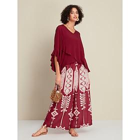 Ruffle Flare Cuff Sleeve Crew Neck BlouseCasual Folk Print Wide Leg Maxi Pants Two Piece Set