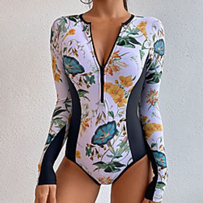 Women's Swimwear Rash Guard Diving Swimsuit Tummy Control Zipper Print Floral White Scoop Neck Bathing Suits New Vacation Fashion / Modern / Padded Bras miniinthebox