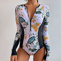 Women's Swimwear Rash Guard Diving Swimsuit Tummy Control Zipper Print Floral White Scoop Neck Bathing Suits New Vacation Fashion / Modern / Padded Bras miniinthebox - thumbnail