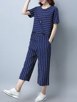 Stripes Short Sleeve Casual Blouse Two-piece